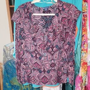 Democracy Pink & Blue Ruffled Neckline & Shoulders Elastic Wrist Paisley Blouse